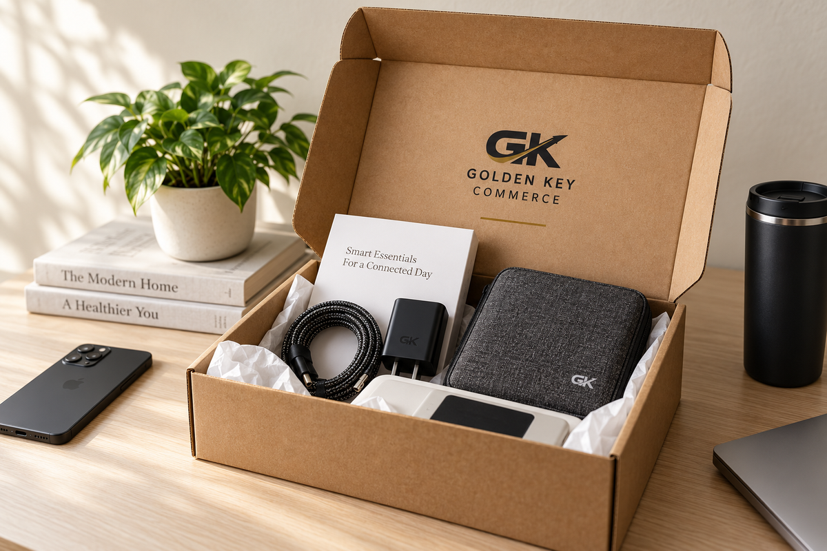 Golden Key Commerce branded packaging concept with selected everyday products